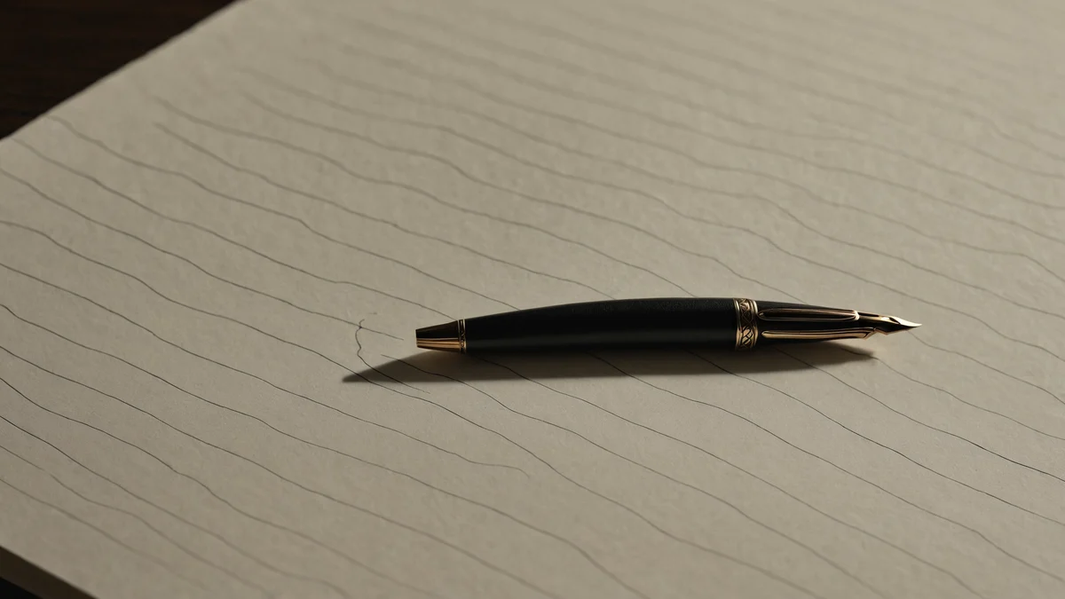 A black fountain pen resting across a sheet of ruled cream paper on a dark desk, one shaft of light along the nib.
