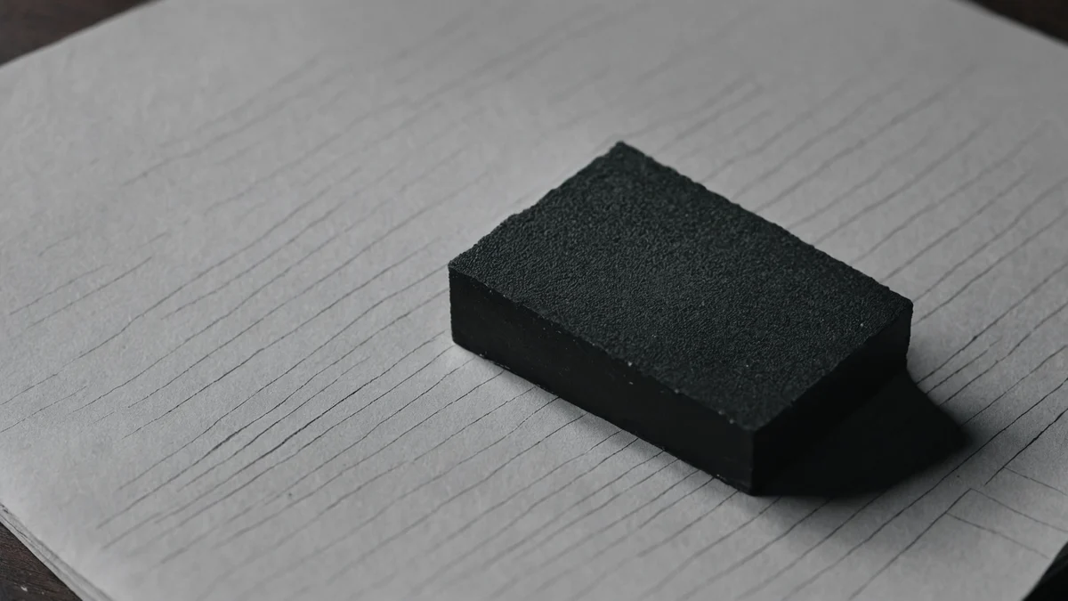 A dark rubber stamp block resting on a sheet of pale paper, low side light across its edge.