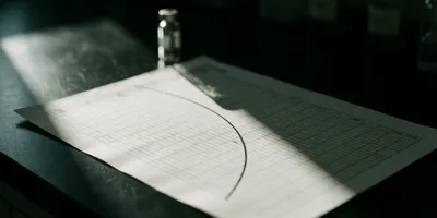 A printed analytical report on a dark bench seen in steep perspective, a single chromatogram curve crossing its grid, with a capped glass vial standing beyond it.