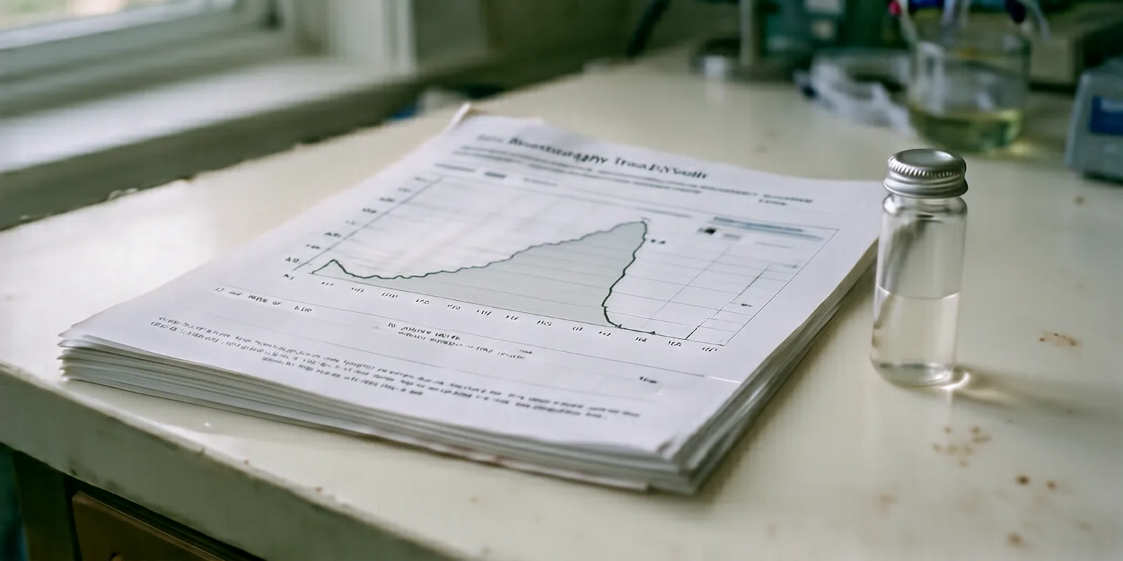 Un informe analítico impreso sobre una mesa de laboratorio, con su curva cromatográfica enfocada y un vial de vidrio con tapa engarzada al lado.