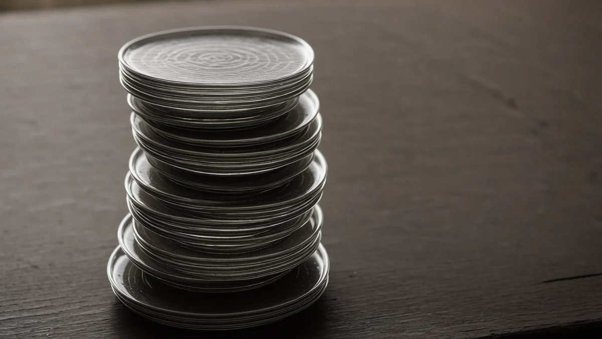 A stack of clear empty petri dishes on a dark bench, their rims drawing thin concentric circles of light.