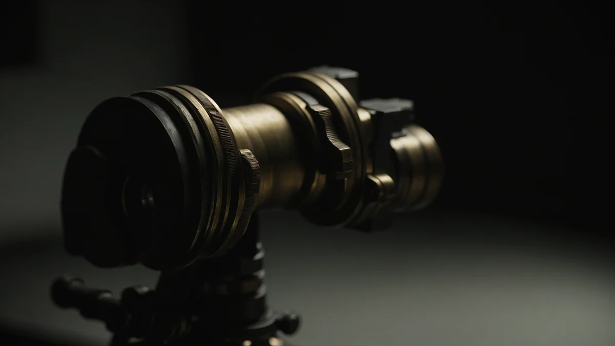 A brass microscope objective turret in deep shadow, one lens catching a single highlight.