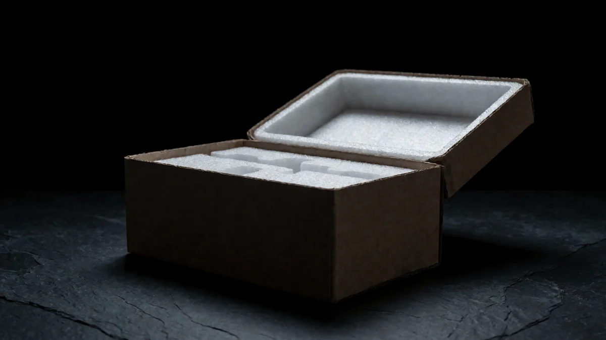 Una caja de envio de carton aislada y abierta sobre pizarra oscura, con la tapa levantada mostrando un forro limpio de espuma blanca y compartimentos de espuma a medida en el interior.