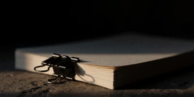 A thick sheaf of plain closed pages held flat by a dark steel binder clip on rough stone, the cut edges of the paper catching one narrow band of warm light.