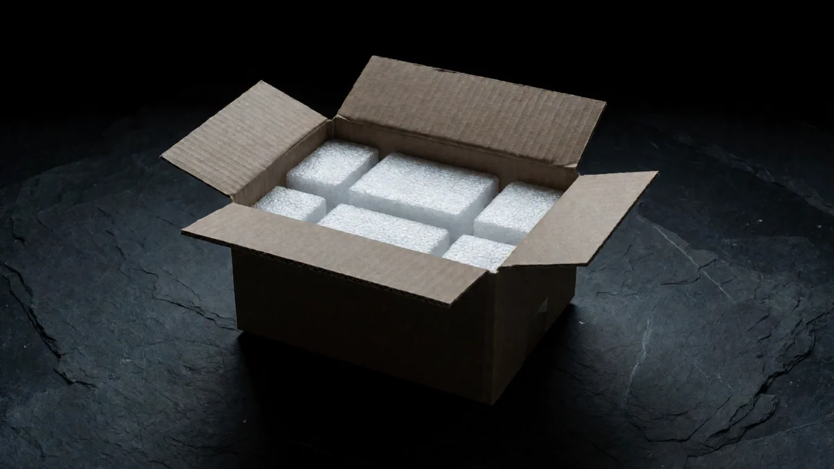 Una caja de envío de cartón aislada y abierta sobre pizarra oscura, con el interior relleno de bloques de espuma blanca bajo una franja de luz fría.