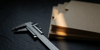 A brushed-steel vernier caliper resting on dark slate beside a stack of closed manila folders seen edge-on, their cut paper edges catching a single band of warm light.