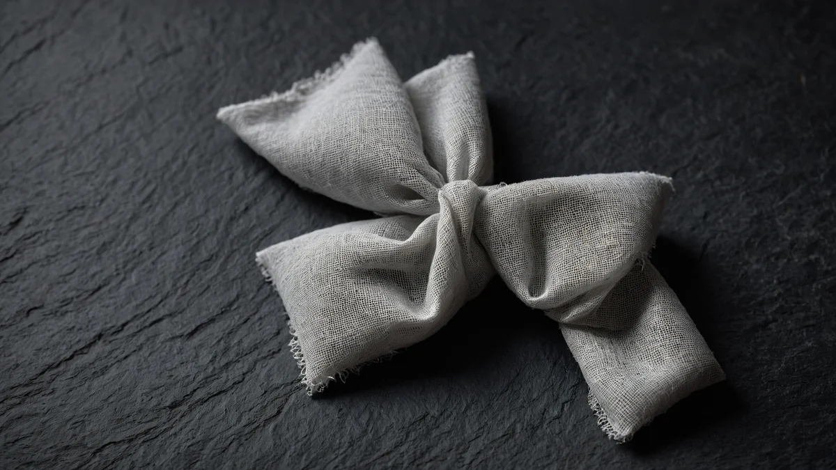 A square of pale linen gauze knotted at its centre on dark slate, its frayed edges and open weave catching a soft light.