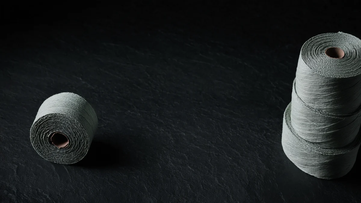 Two spools of fine grey thread resting on dark slate, their wound strands lit from one side.