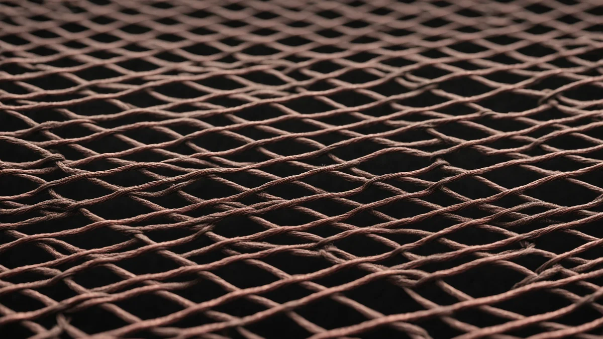 A panel of fine copper mesh screen, light raking across the woven wires on a dark ground.