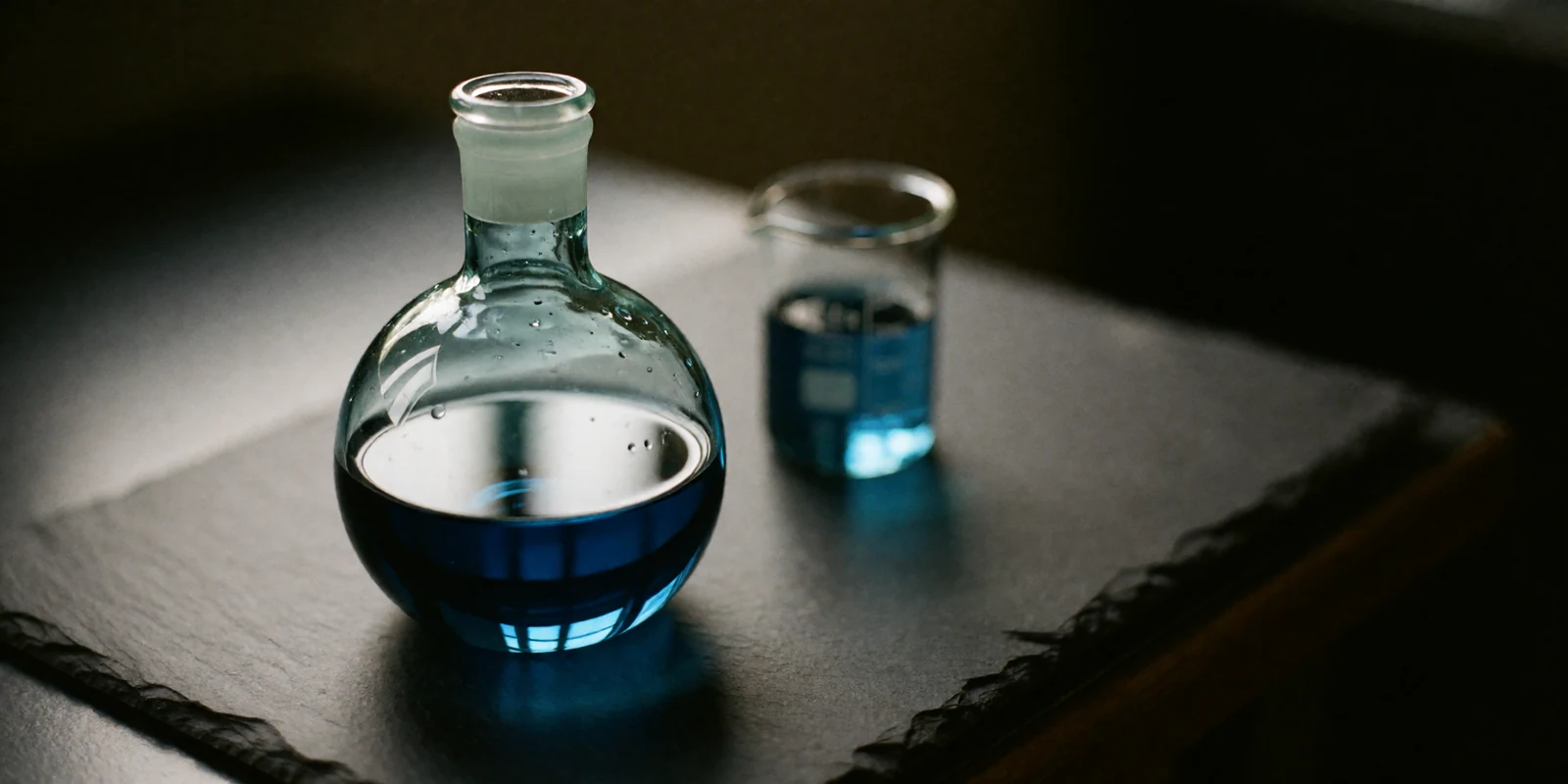 A round-bottomed flask of deep cerulean copper solution on a dark slate bench, lit from behind so the liquid glows sapphire through the glass.